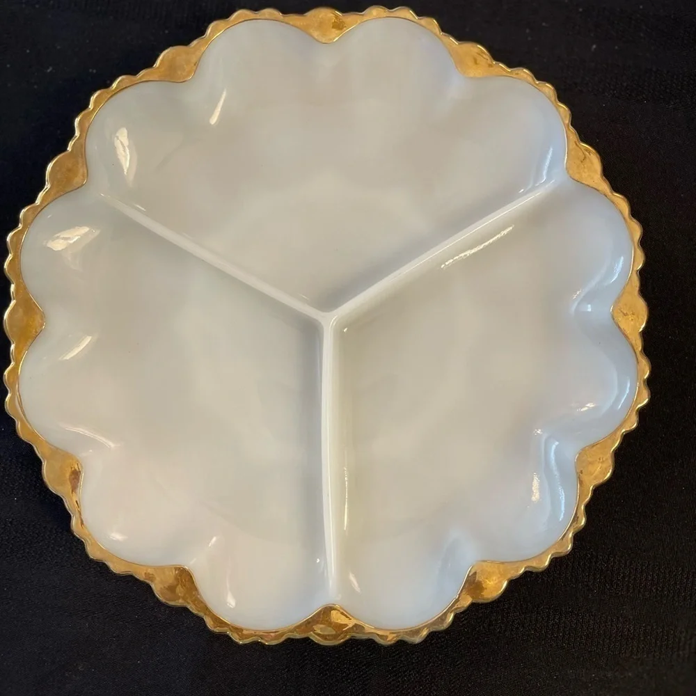 Anchor Hocking gold trim milk glass three section divide relish serving tray.​